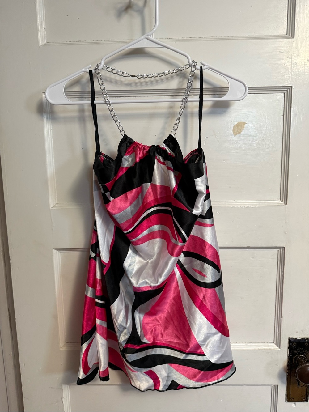 Vanity y2k pink/black/white satin slip dress with chain neck collar,Size M#party